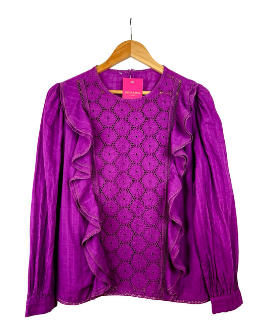 Paarse bohemian broderie blouse met ruches - L