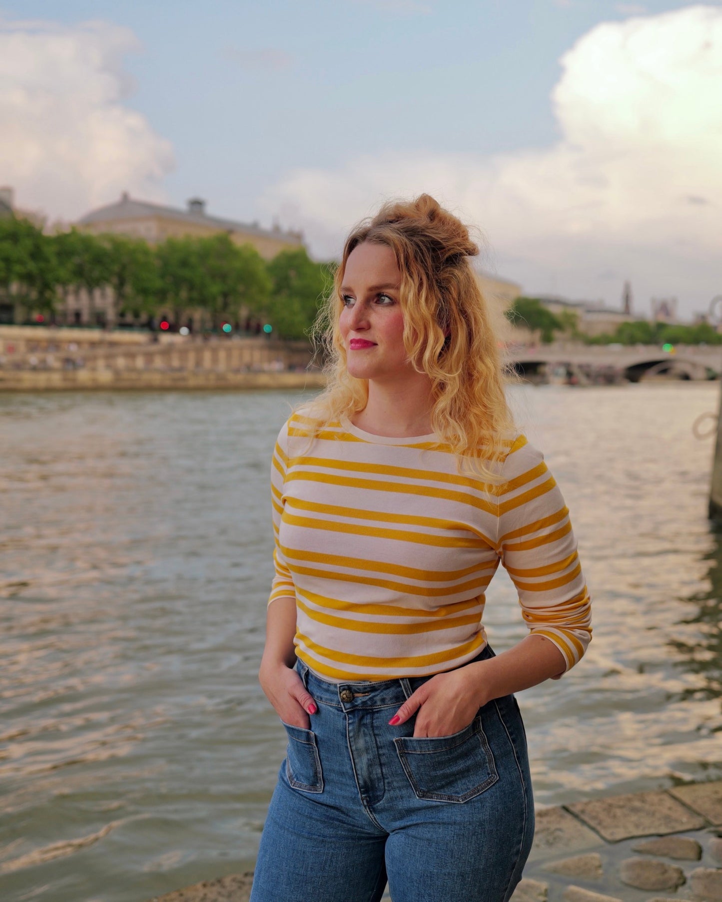 Vintage Shirt met gele strepen - S - Petit Paris Vintage