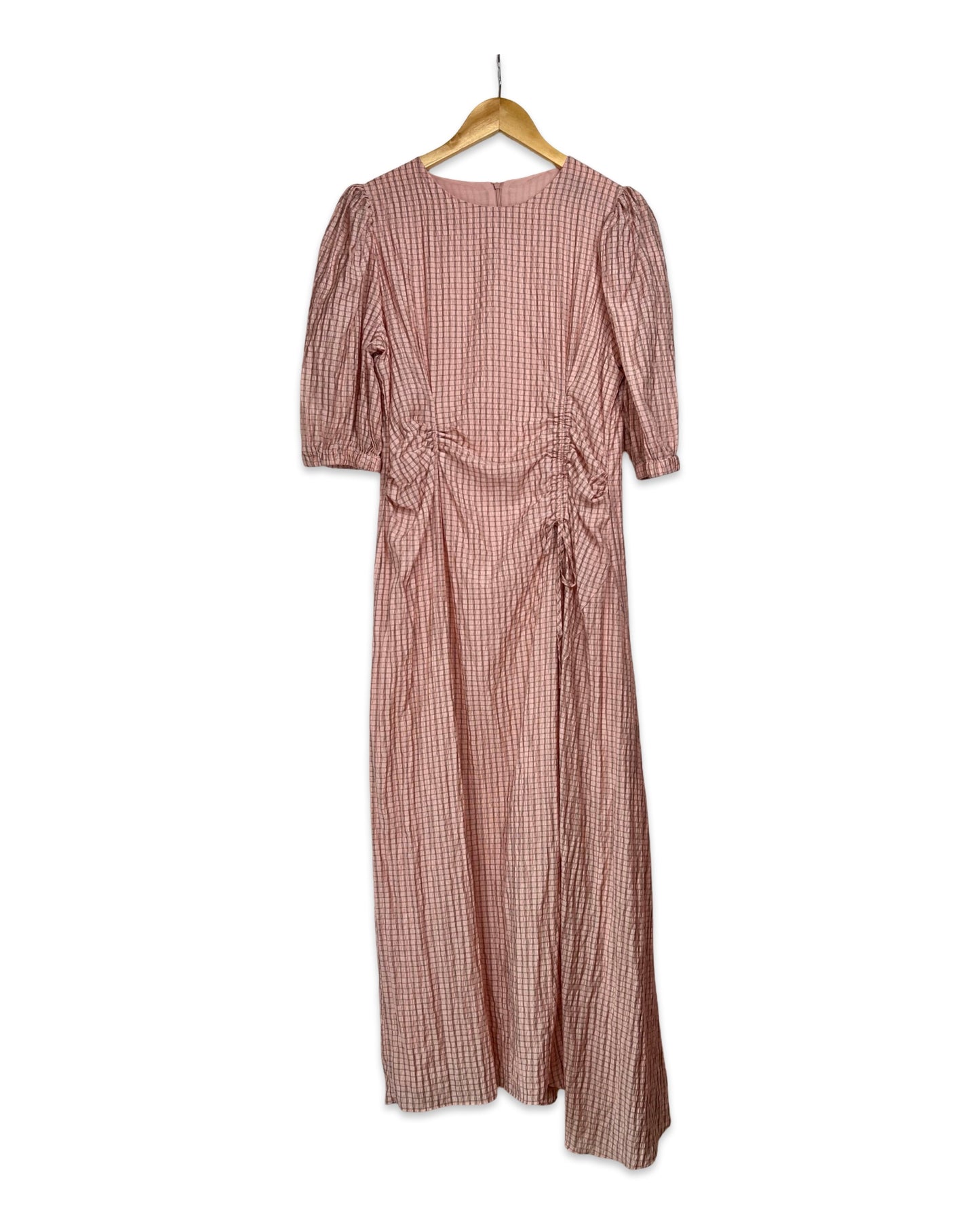 Lichtroze midi jurk met pofmouwen - M