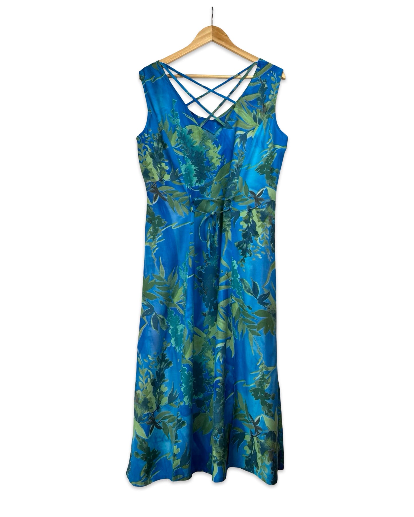 Vintage Blauwe jurk met bladerprint - L - Petit Paris Vintage