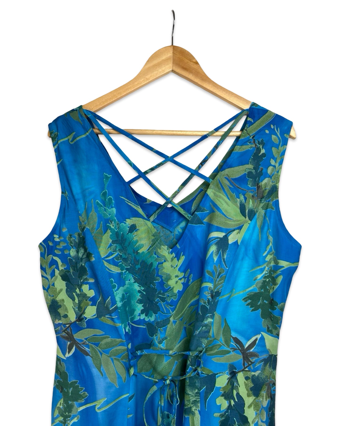 Vintage Blauwe jurk met bladerprint - L - Petit Paris Vintage