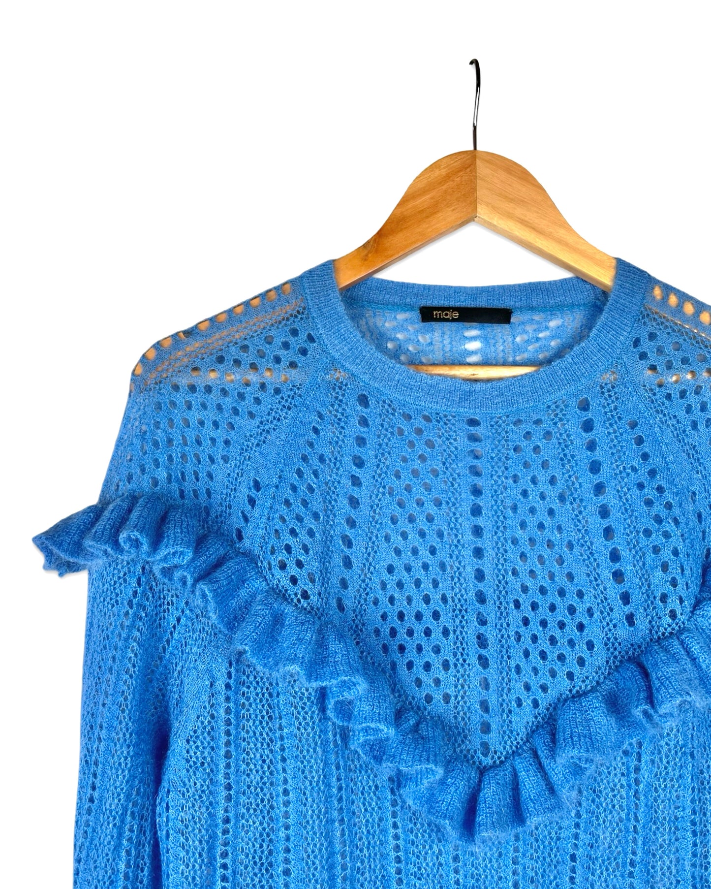 Blauwe ajour trui met ruches - M