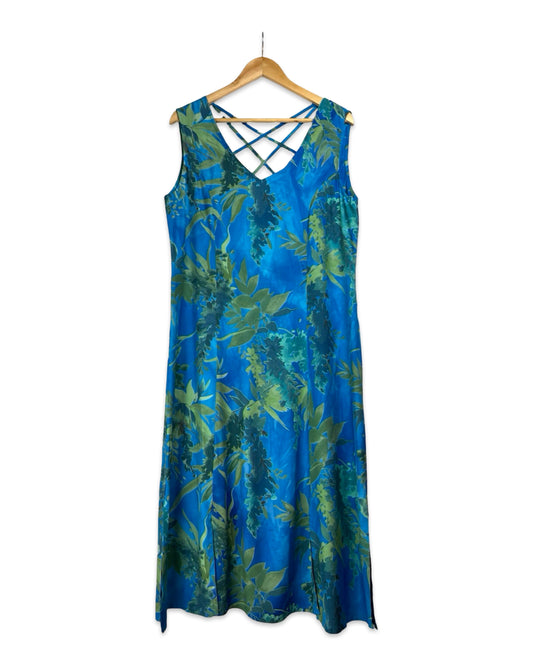Vintage Blauwe jurk met bladerprint - L - Petit Paris Vintage