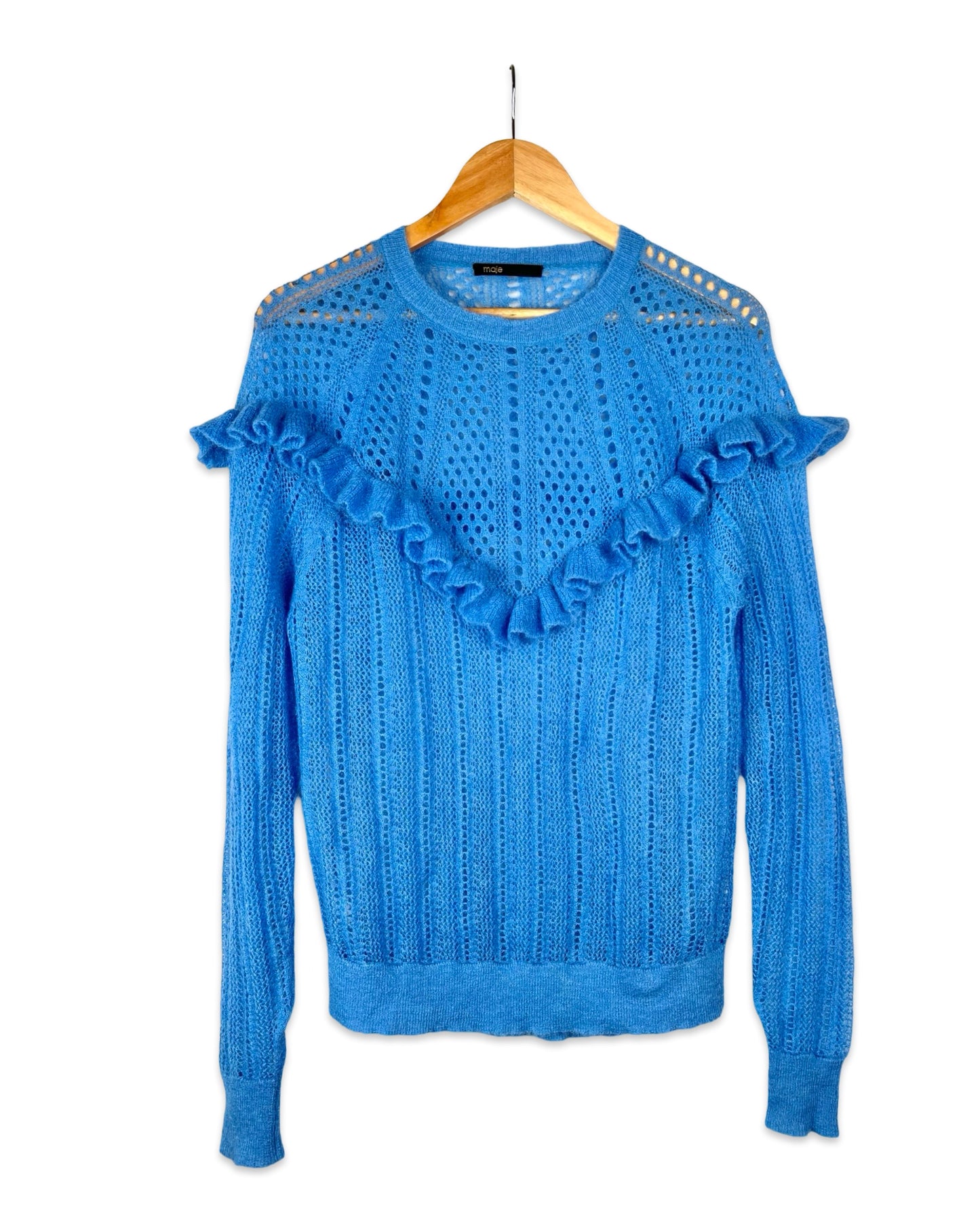 Blauwe ajour trui met ruches - M