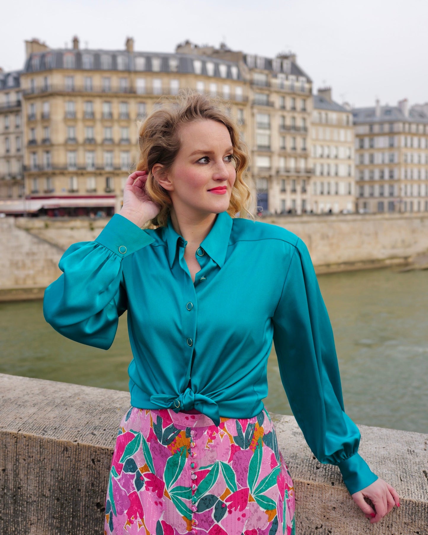 Petrol satijn blouse - M/L