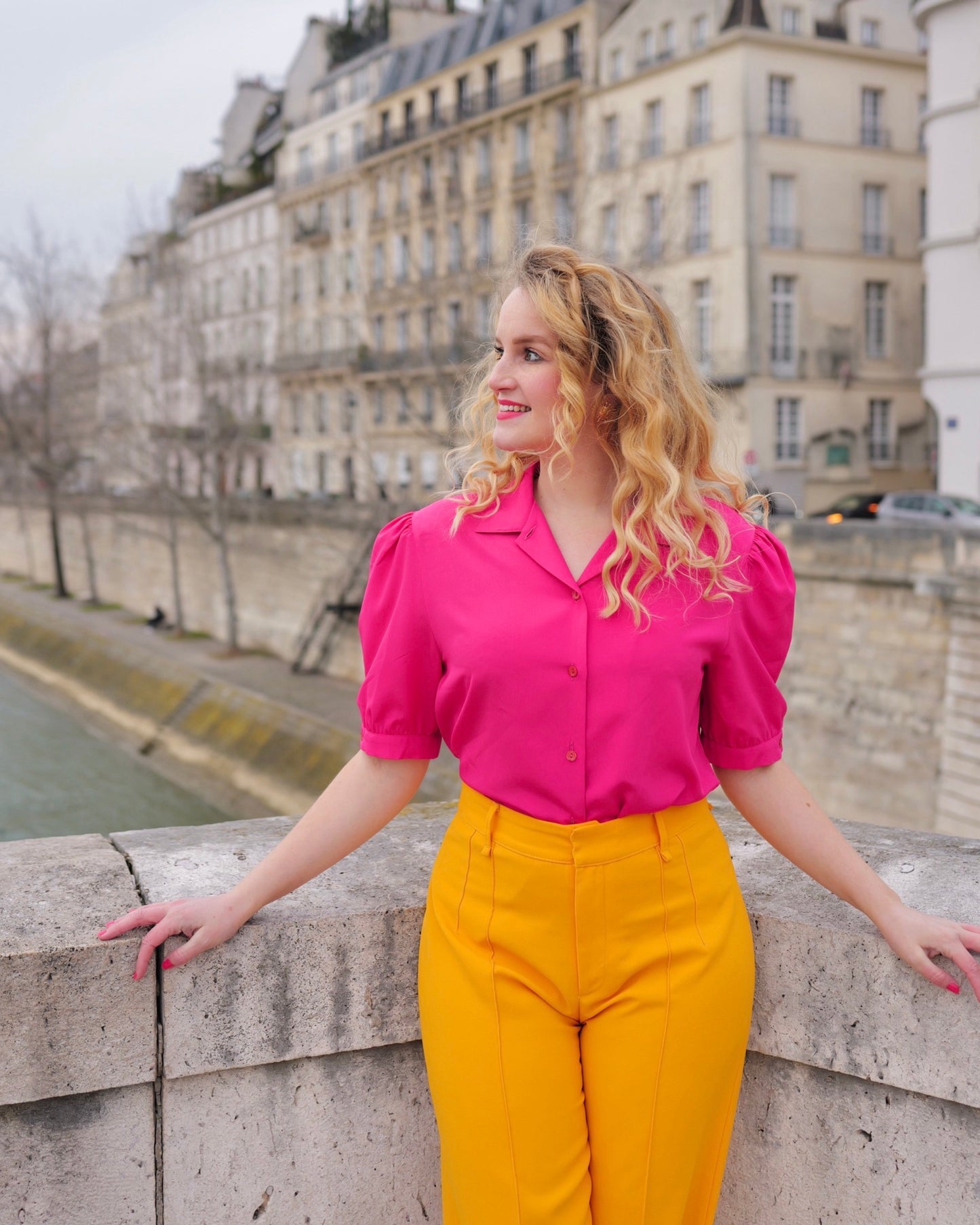 Vintage roze blouse met pofmouwen - L