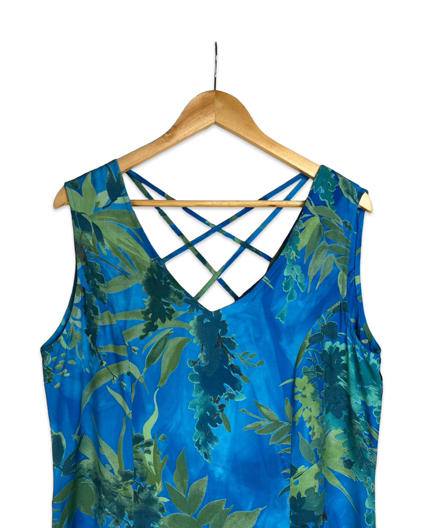 Vintage Blauwe jurk met bladerprint - L - Petit Paris Vintage