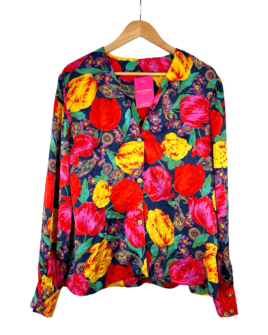Vintage zijden bloemen blouse - L