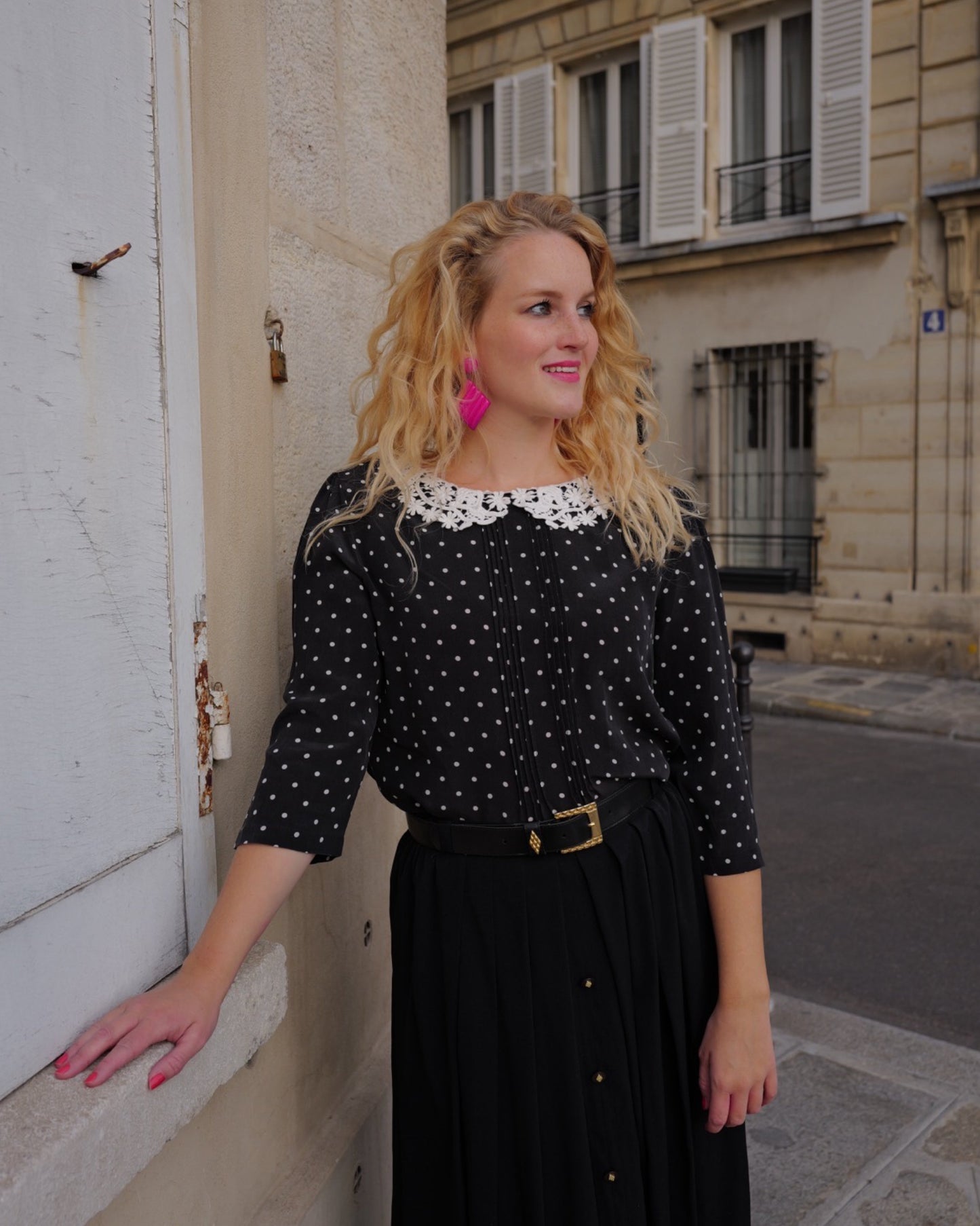 Zijden vintage blouse met stippen - S