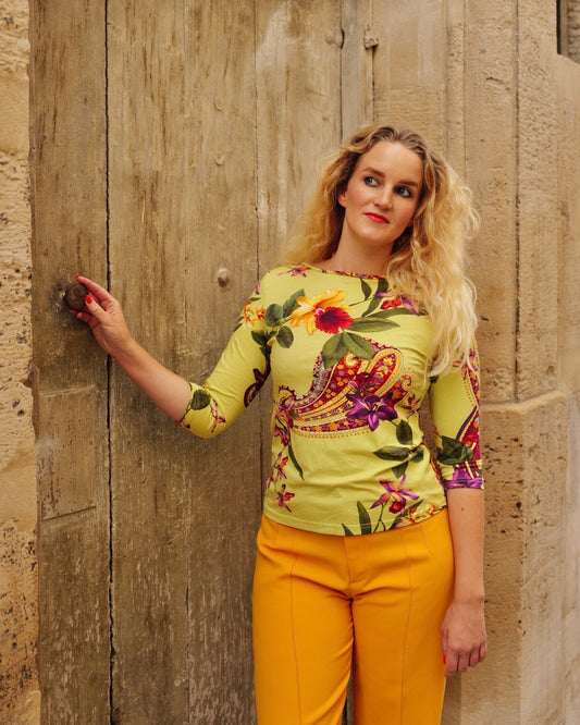 Groene top met paisley en bloemenprint - S