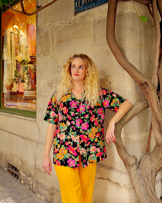 Zijden vintage blouse met herfstige bloemenprint - L