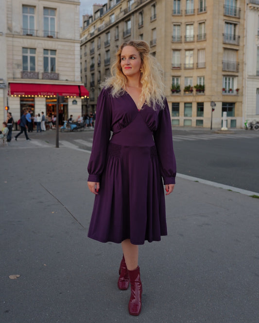 Paarse stretchjurk met striklinten - XL