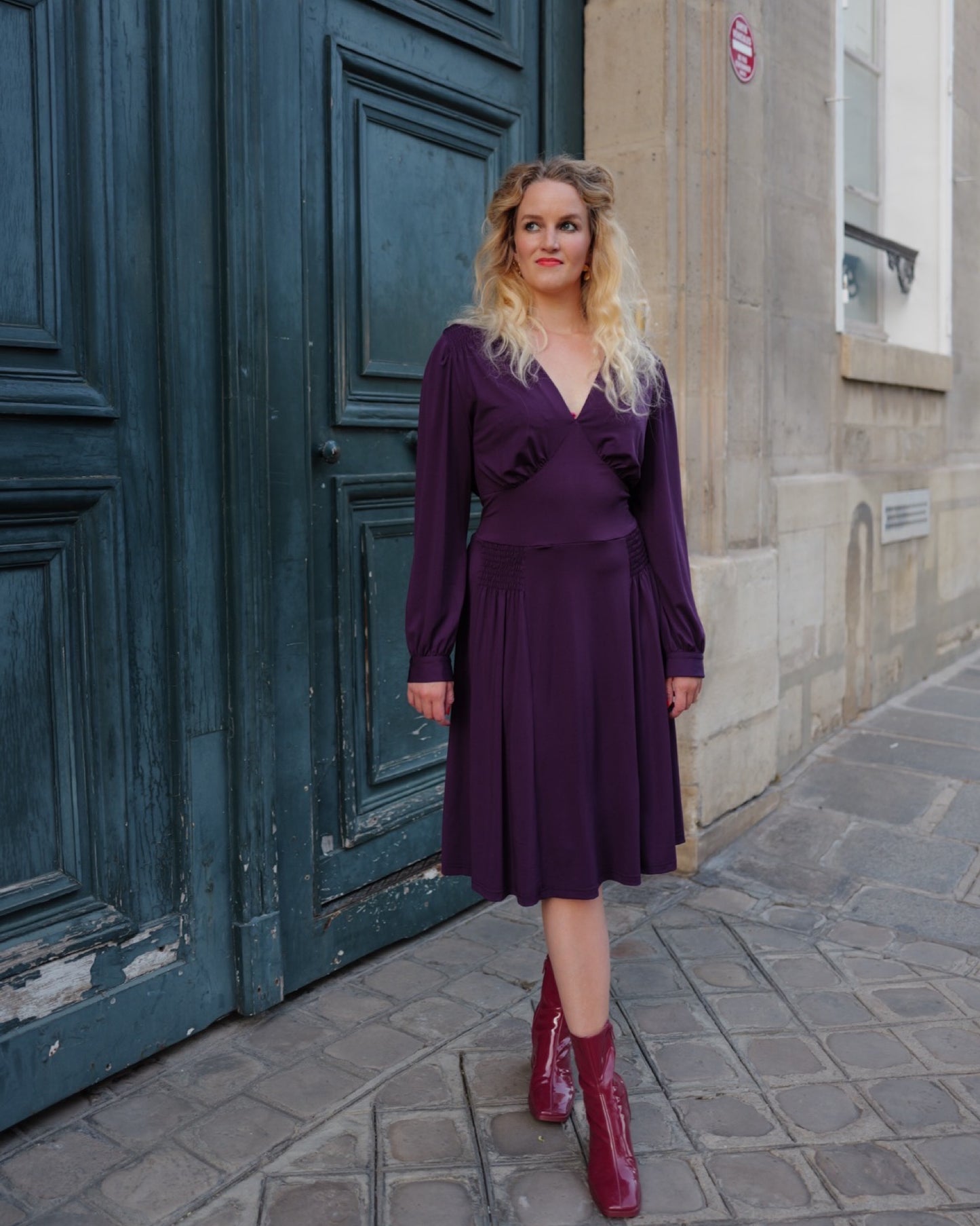 Paarse stretchjurk met striklinten - XL