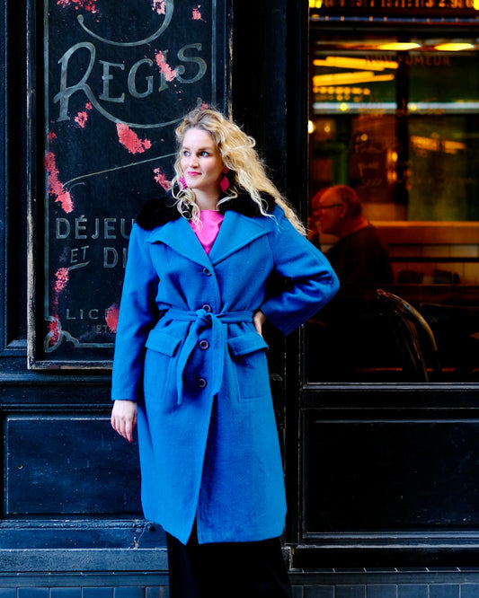 Blauwe vintage wollen mantel - L