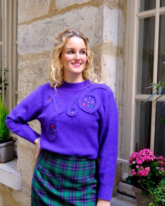 Paarse vintage trui met strass stenen - S