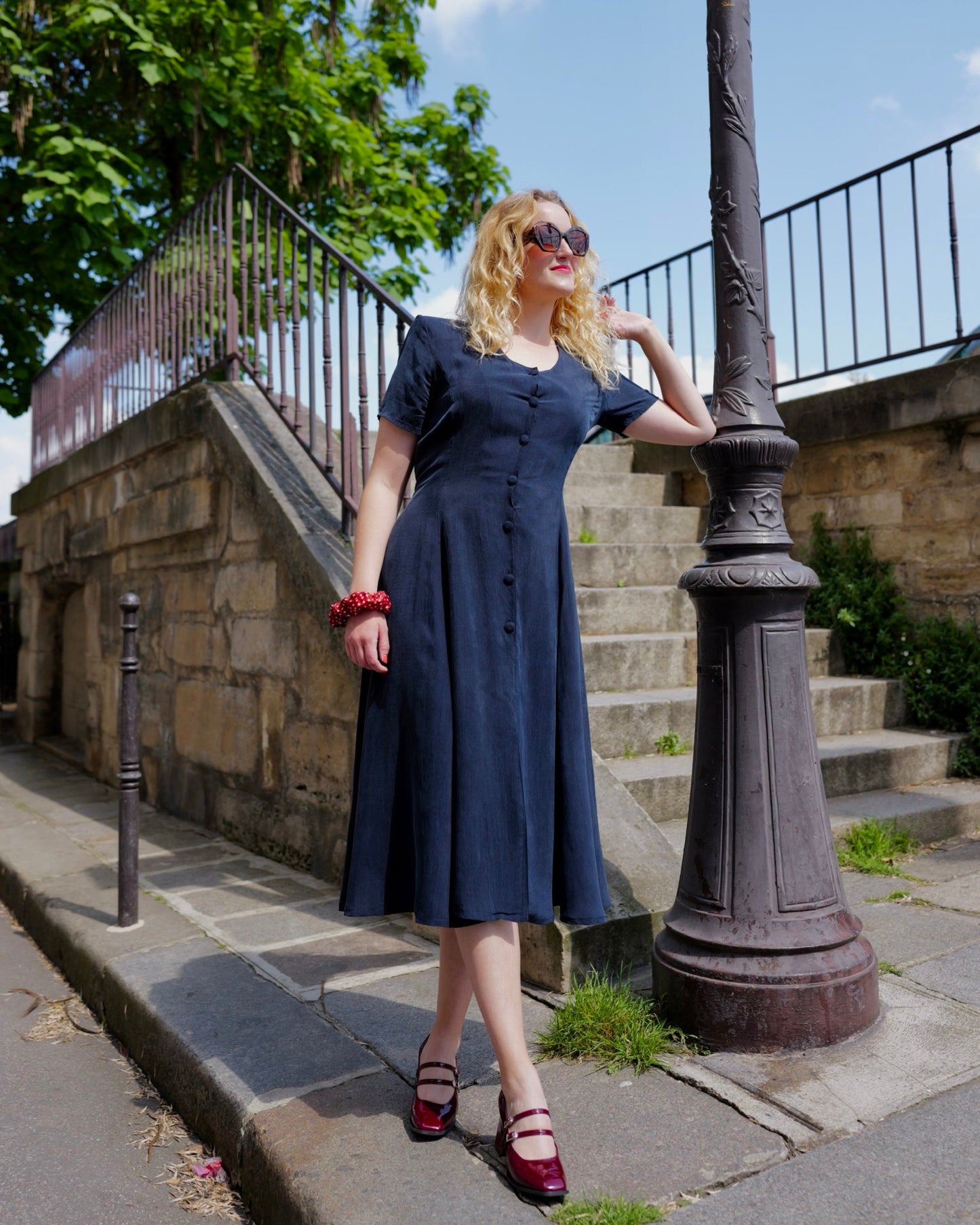 Vintage Donkerblauwe midi jurk - M - Petit Paris Vintage