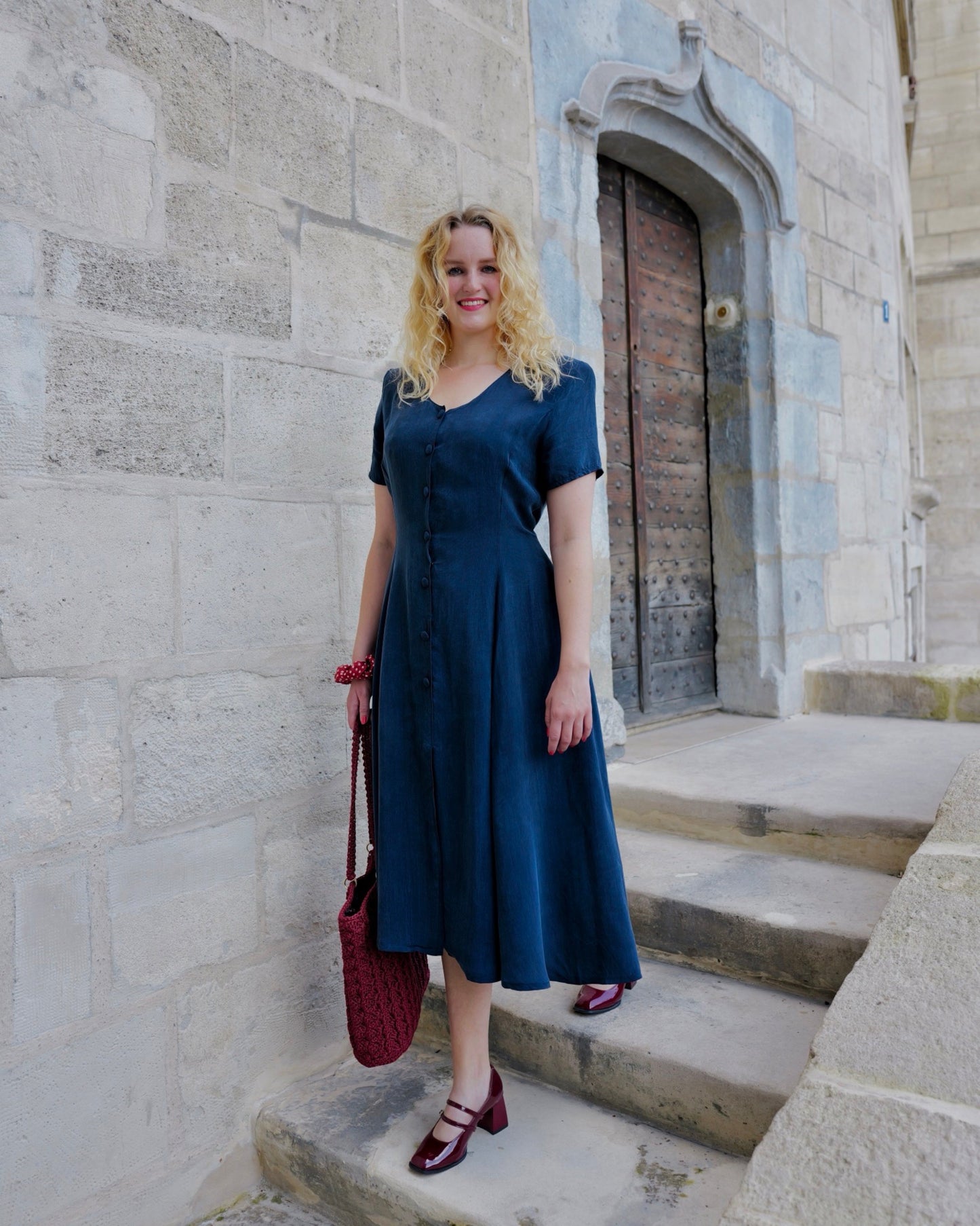 Vintage Donkerblauwe midi jurk - M - Petit Paris Vintage