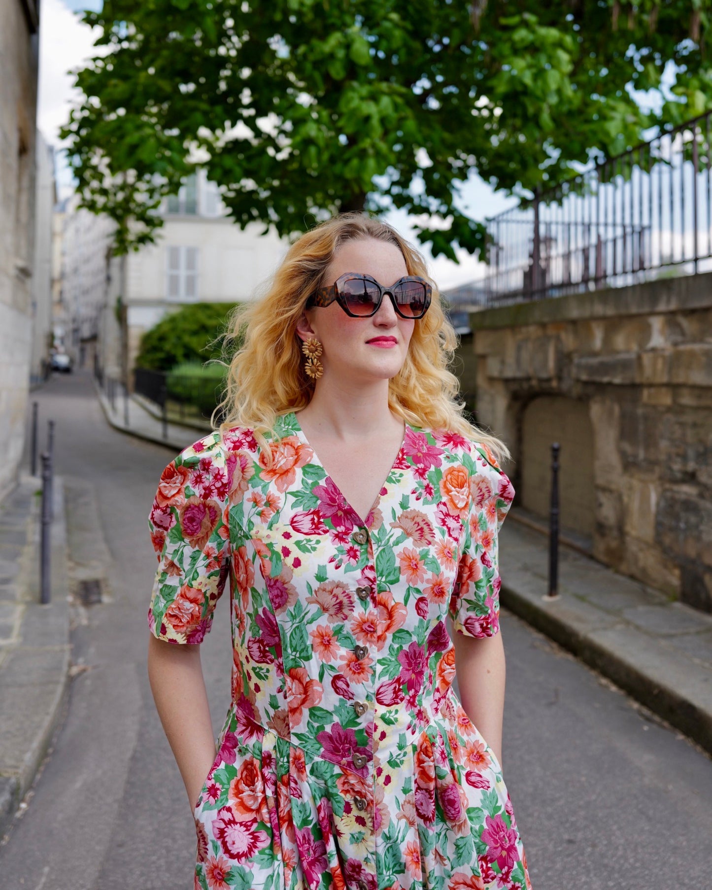 Vintage Bloemenjurk met pofmouwen - M/L - Petit Paris Vintage
