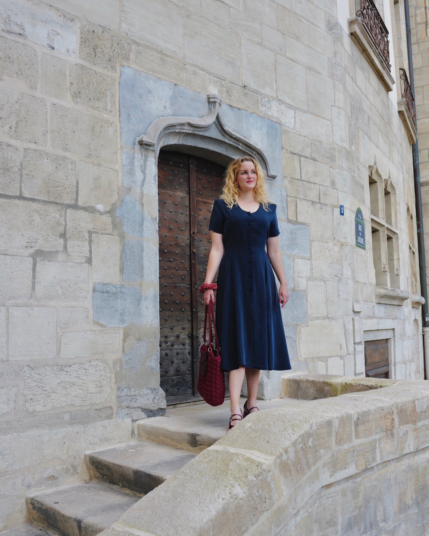 Vintage Donkerblauwe midi jurk - M - Petit Paris Vintage
