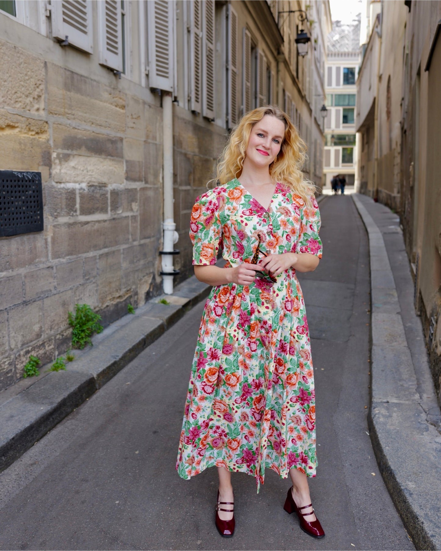 Vintage Bloemenjurk met pofmouwen - M/L - Petit Paris Vintage