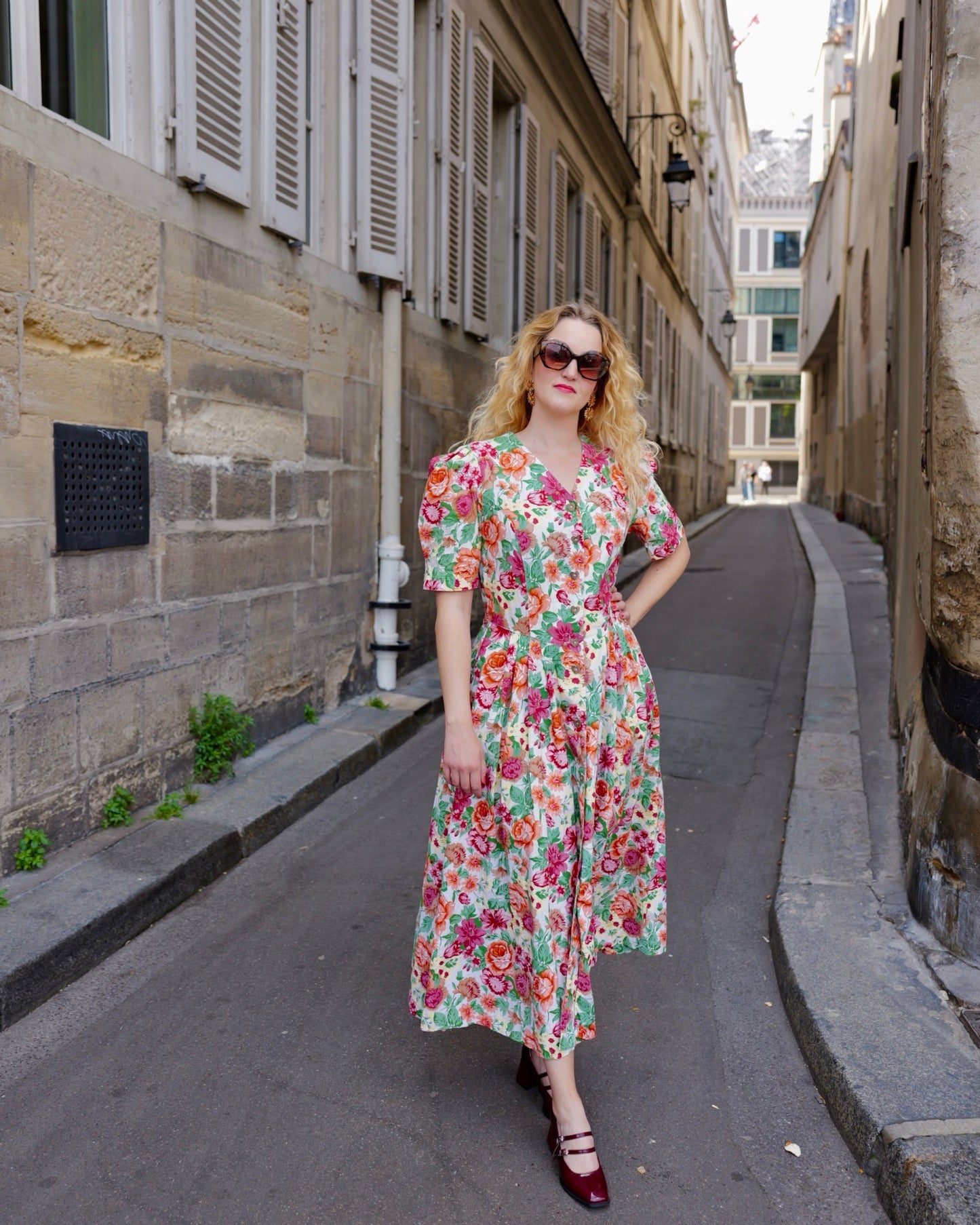 Vintage Bloemenjurk met pofmouwen - M/L - Petit Paris Vintage