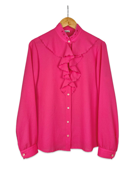 Bright pink vintage blouse with ruffles - M
