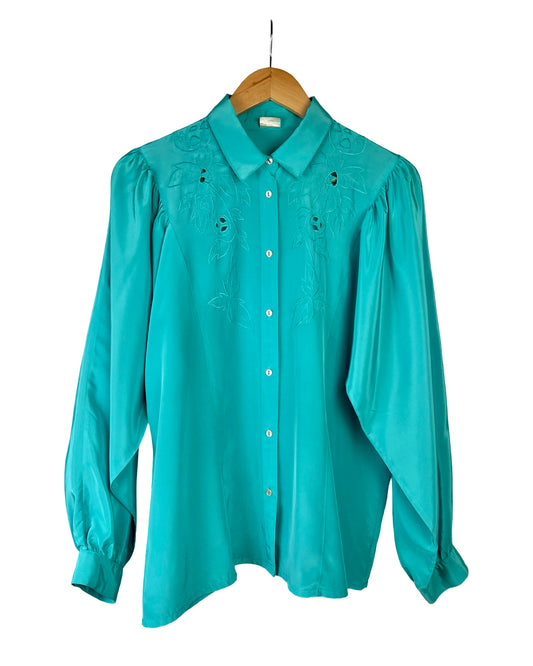 Turquoise vintage blouse met vleermuismouwen - L/XL
