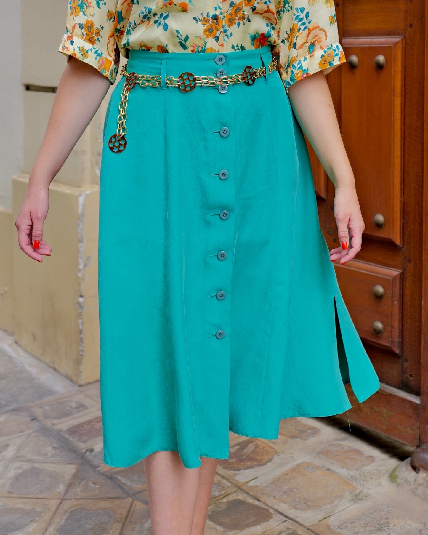 Turquoise zijden rok - L