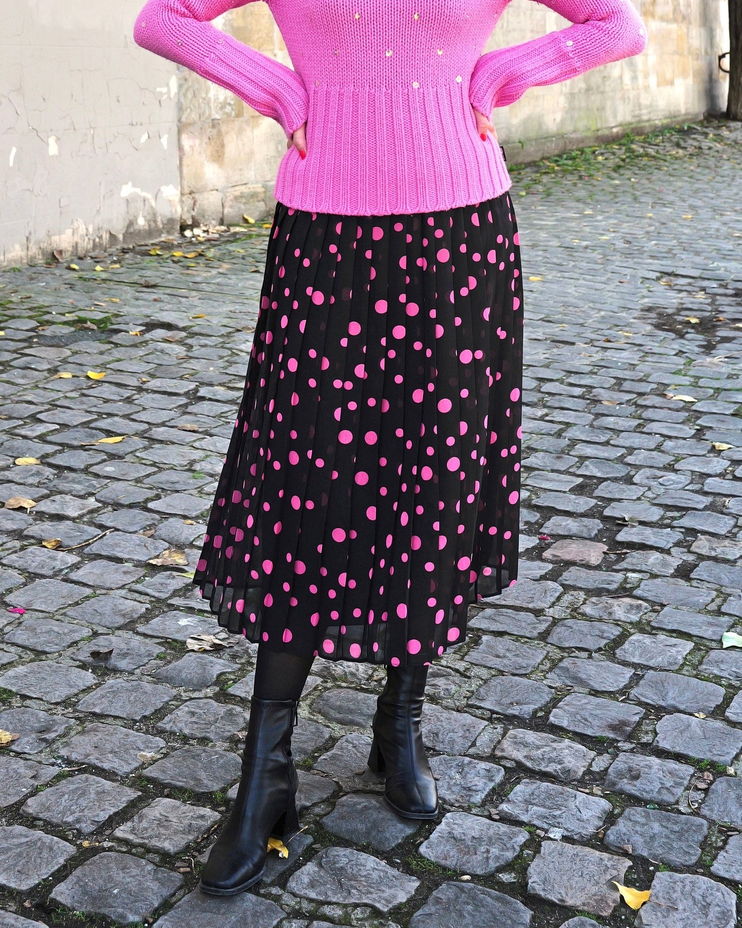 Vintage plissérok met roze stippen - L - Petit Paris Vintage