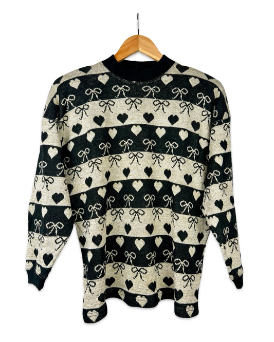 Vintage trui met strepen, hartjes en strikjes - L/XL