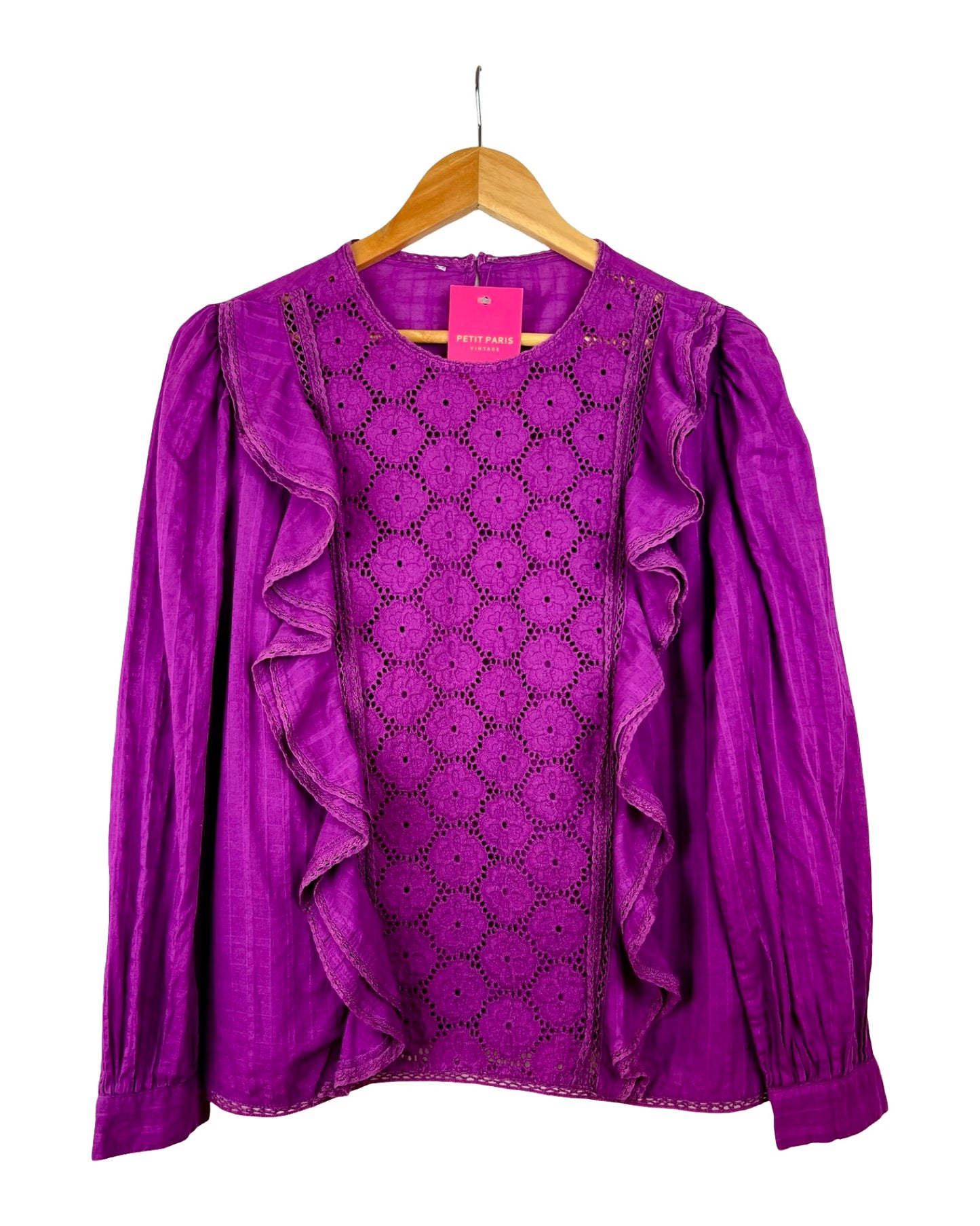 Paarse bohemian broderie blouse met ruches - L