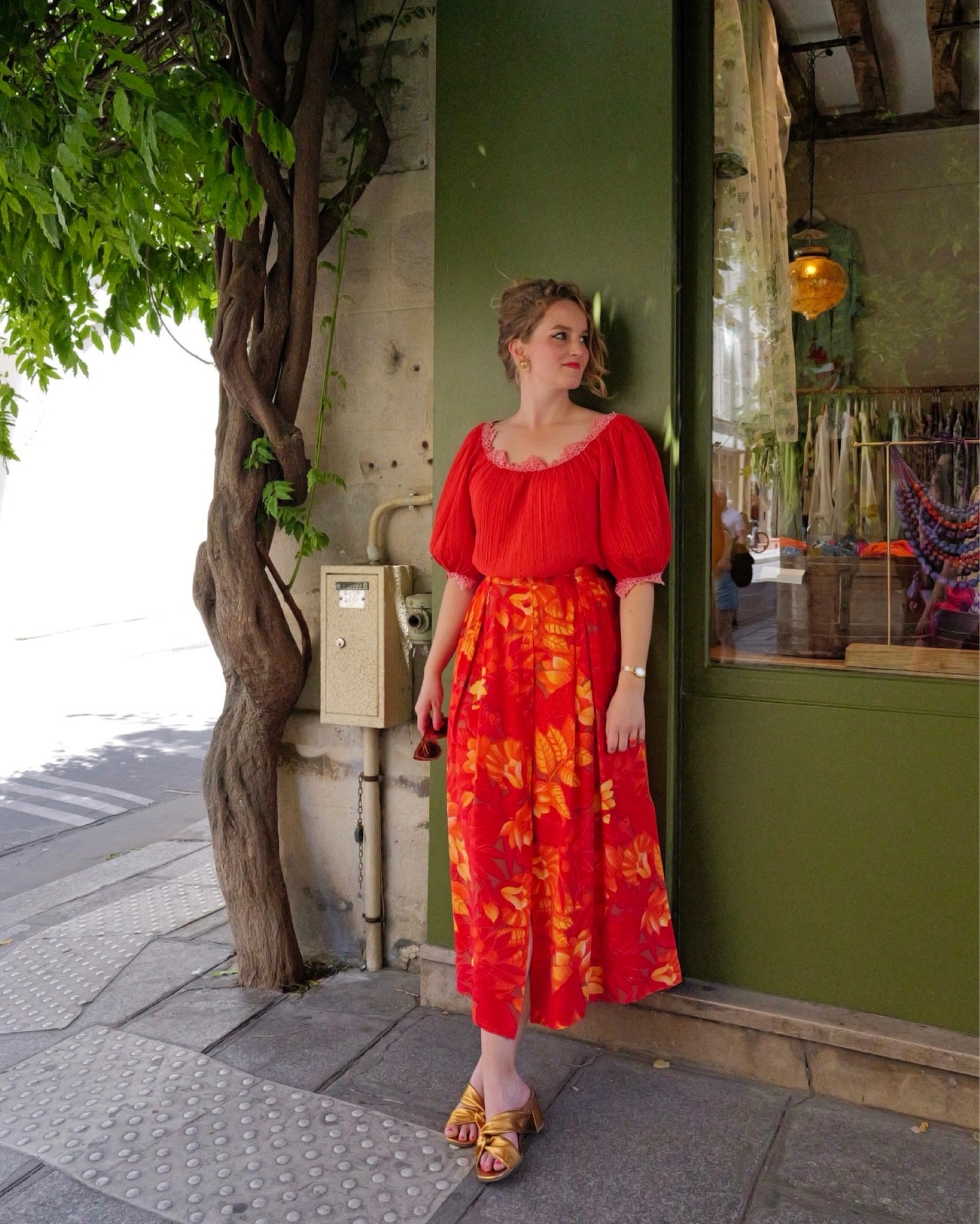 Vintage viscose midirok met bloemen - M