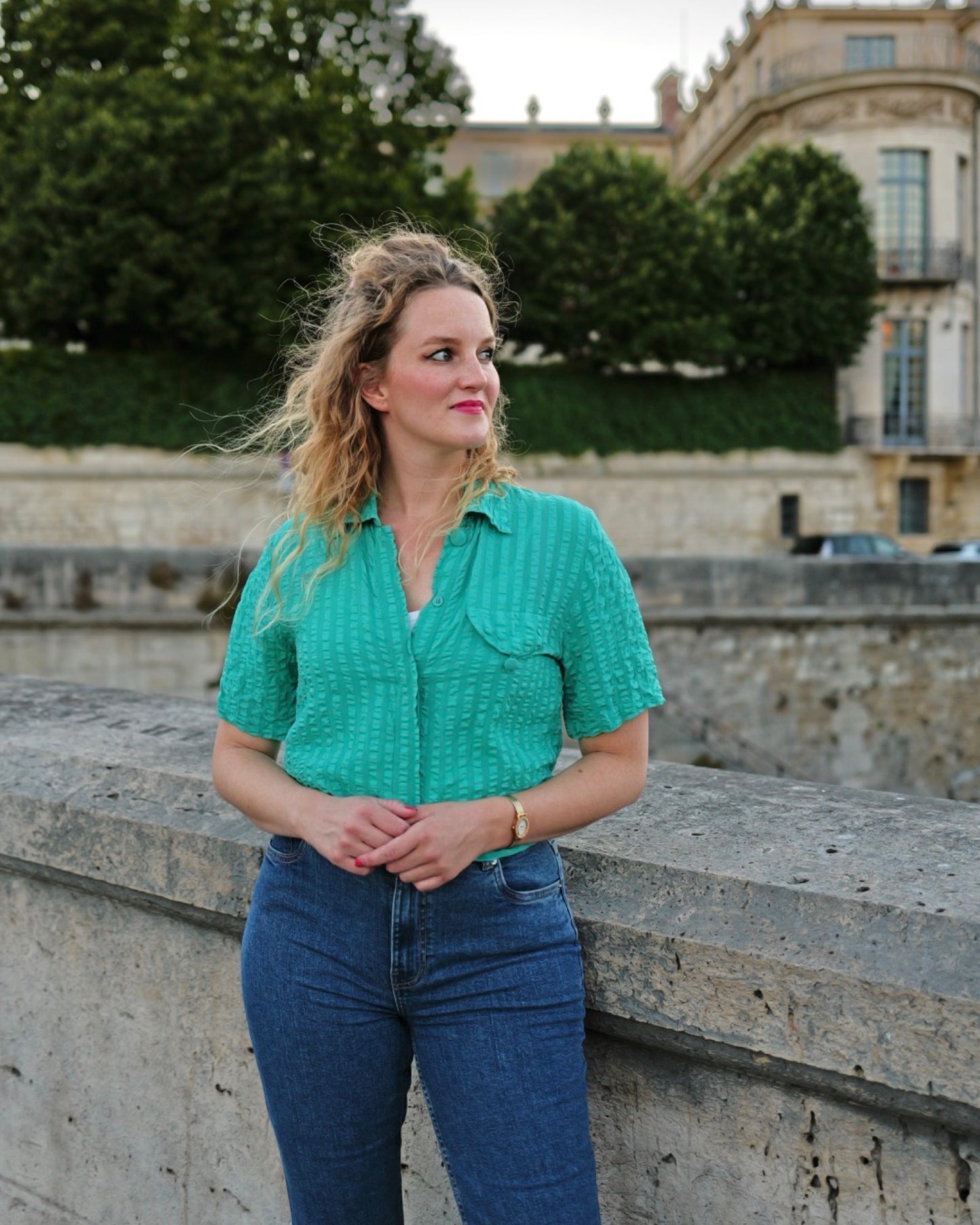 Turquoise zijden vintage blouse - S/M