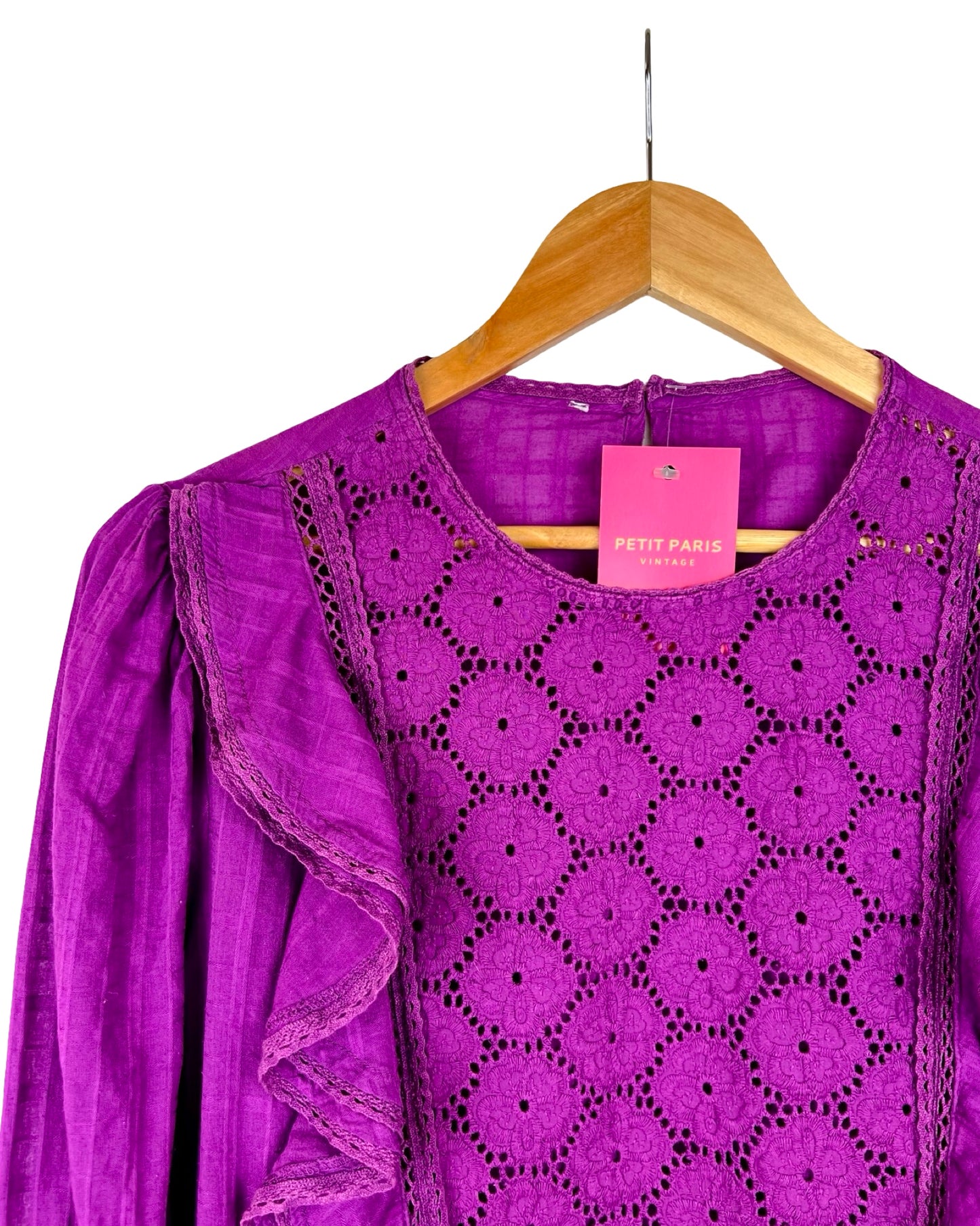 Paarse bohemian broderie blouse met ruches - L