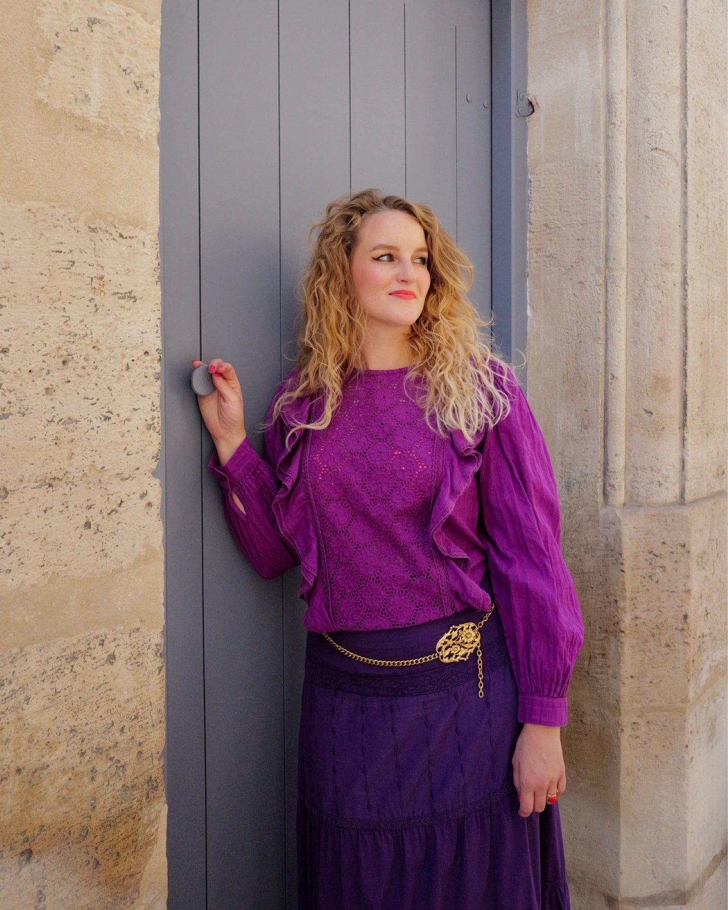 Paarse bohemian broderie blouse met ruches - L