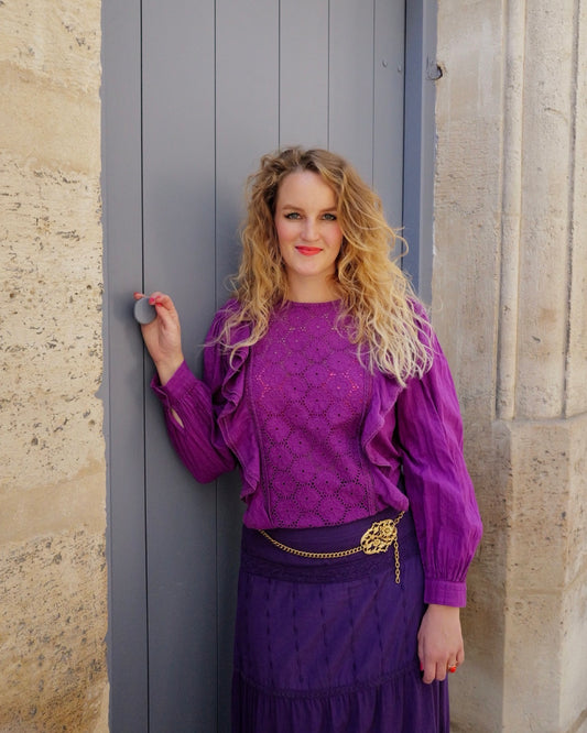 Paarse bohemian broderie blouse met ruches - L