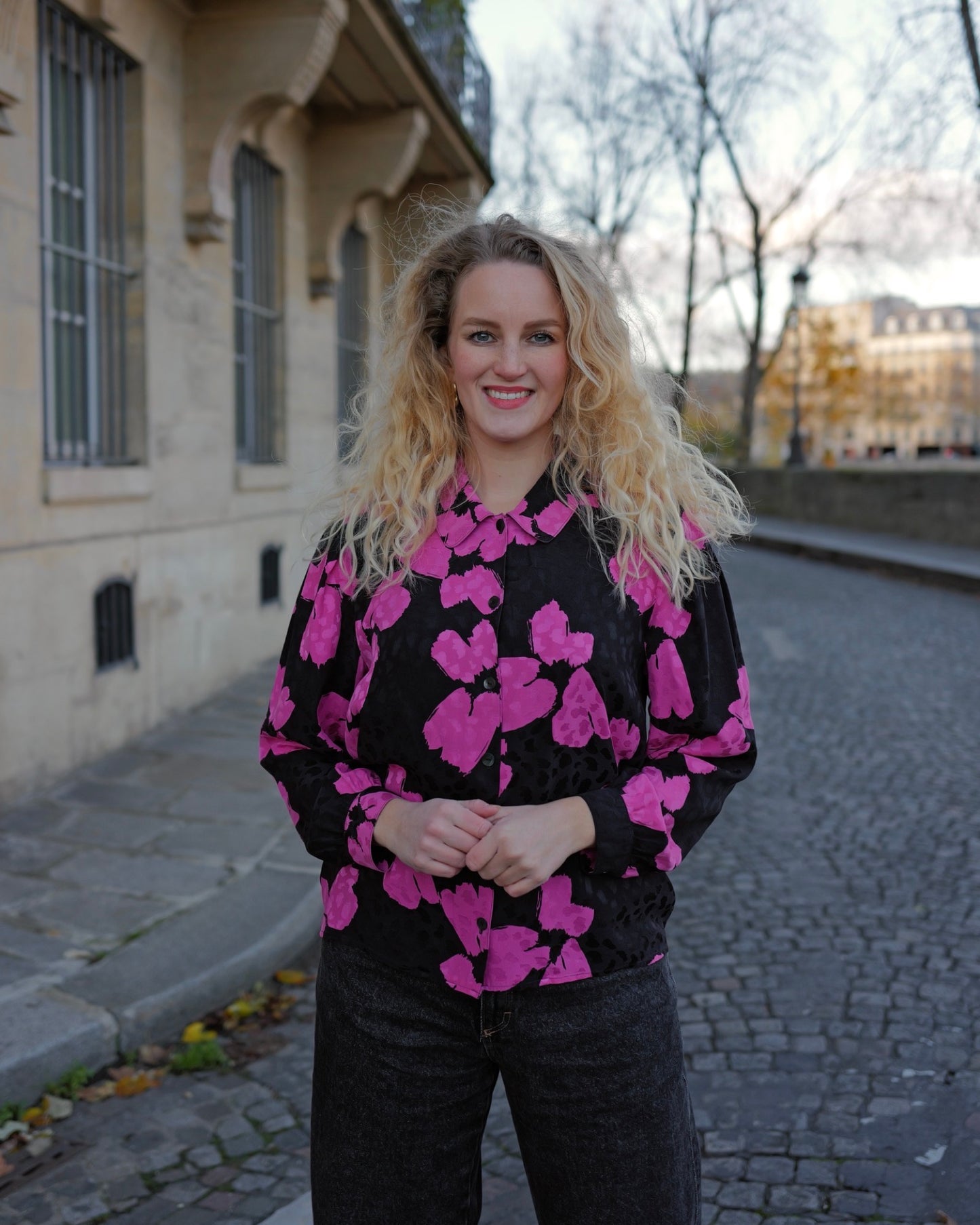 Zijden vintage blouse met bloemen - M/L