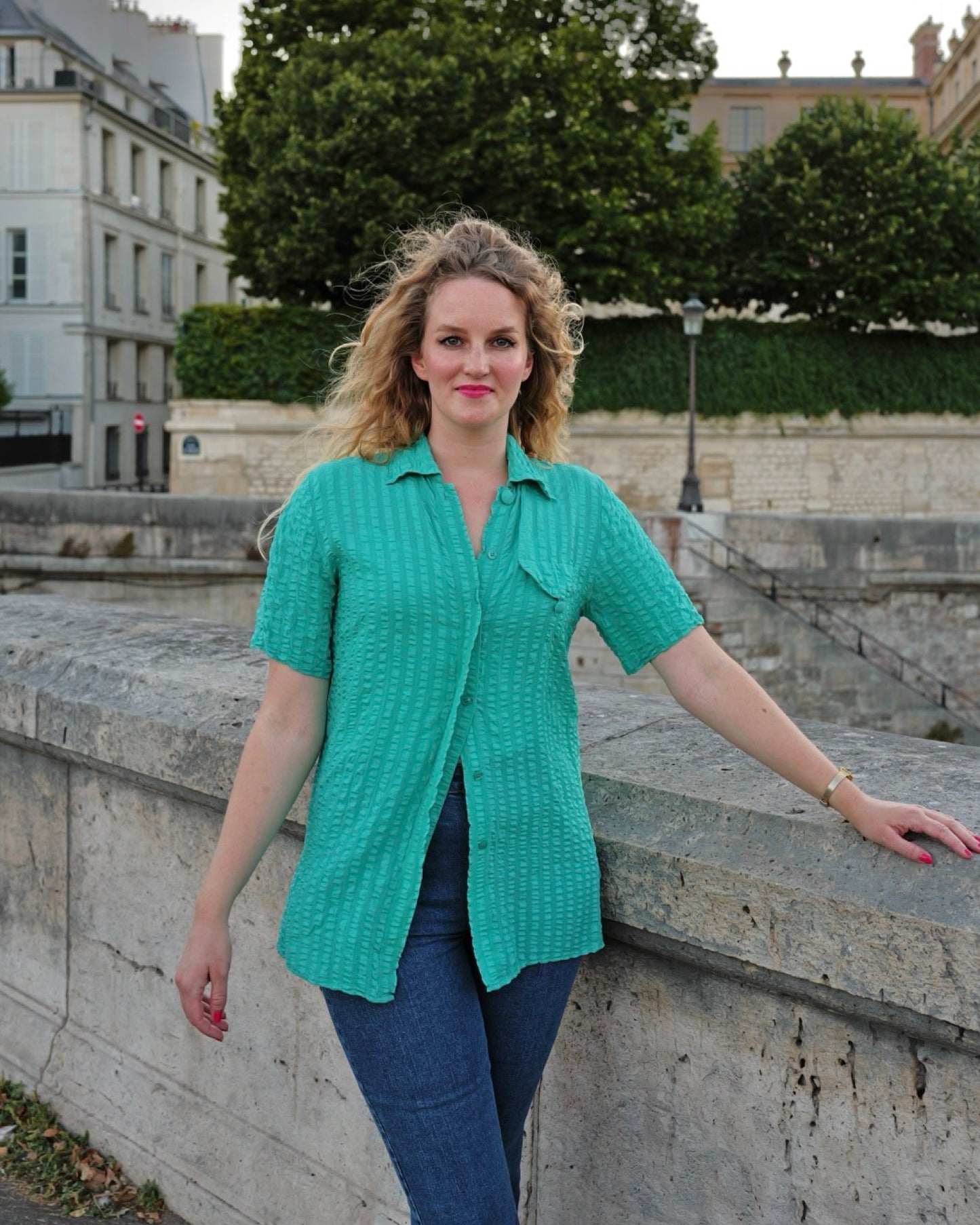 Turquoise zijden vintage blouse - S/M