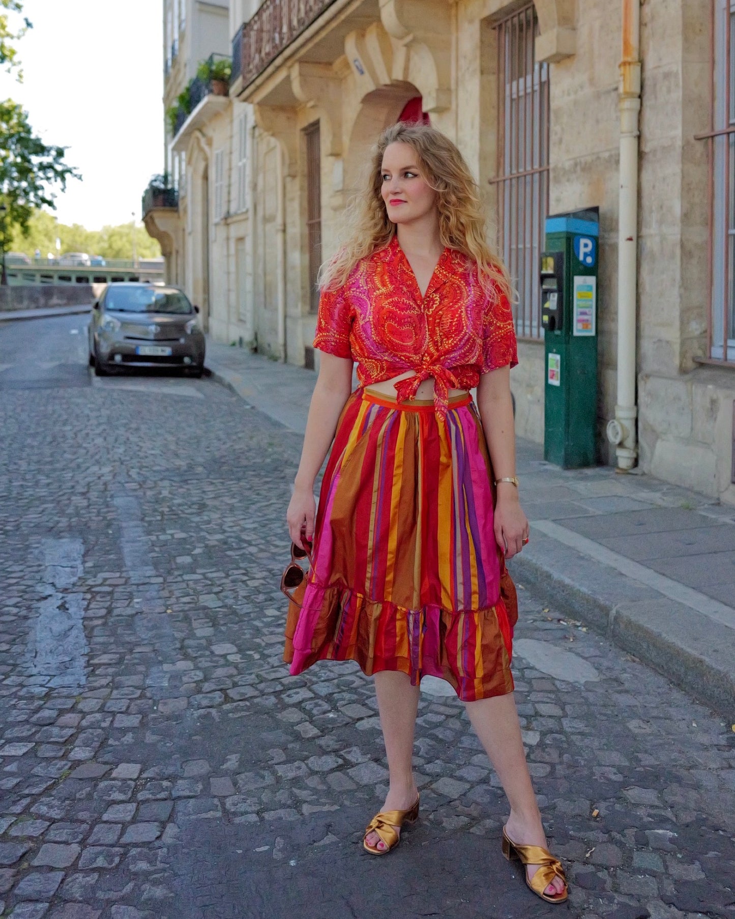 Vintage kleurrijke midirok met strepen - M