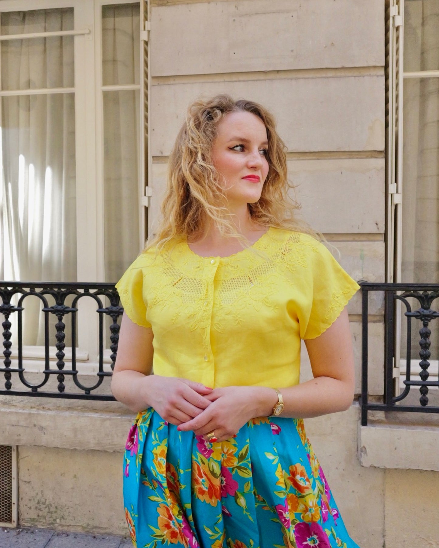 Opengewerkte vintage linnen blouse - S/M