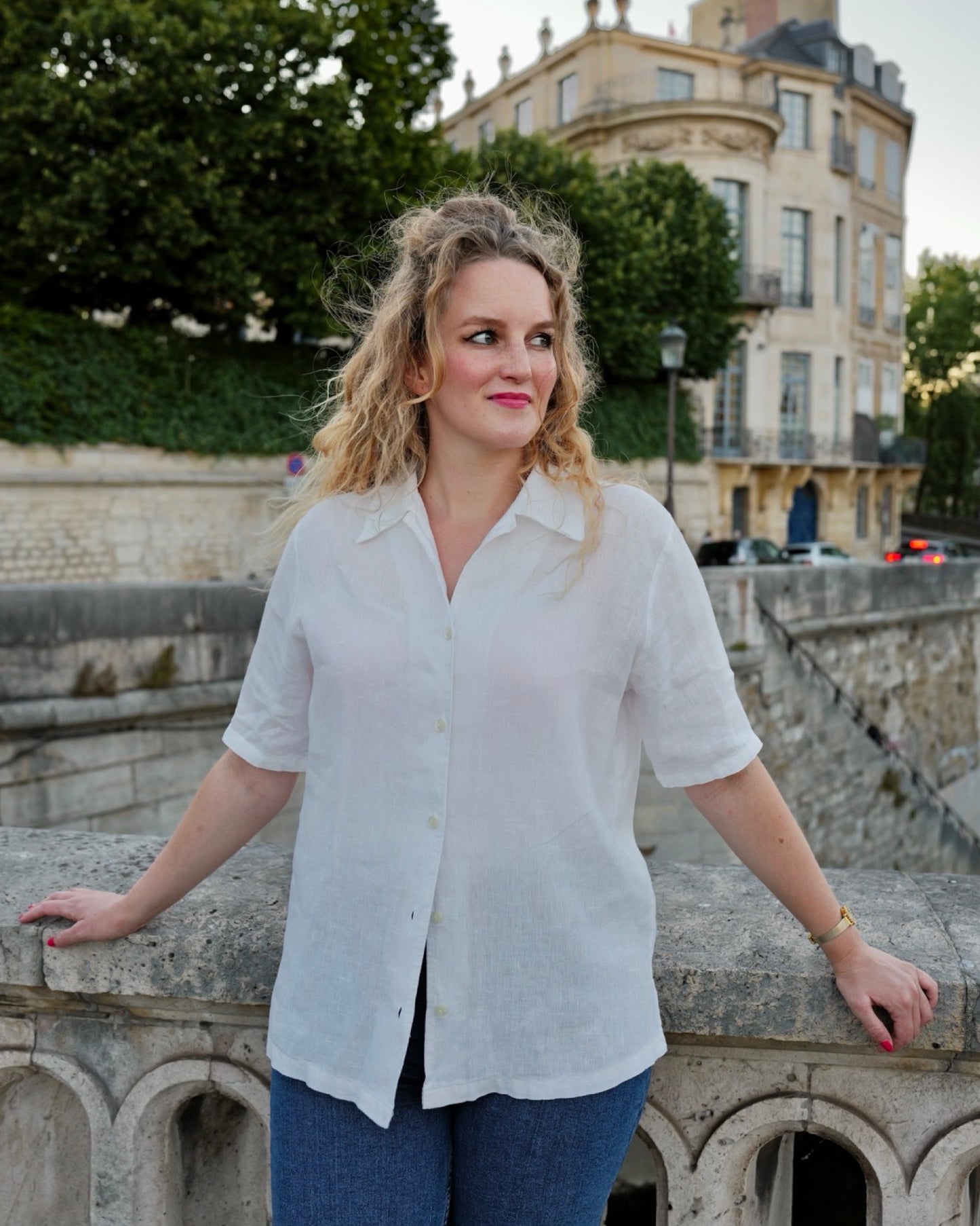 Vintage linnen blouse met broderiekraag - L