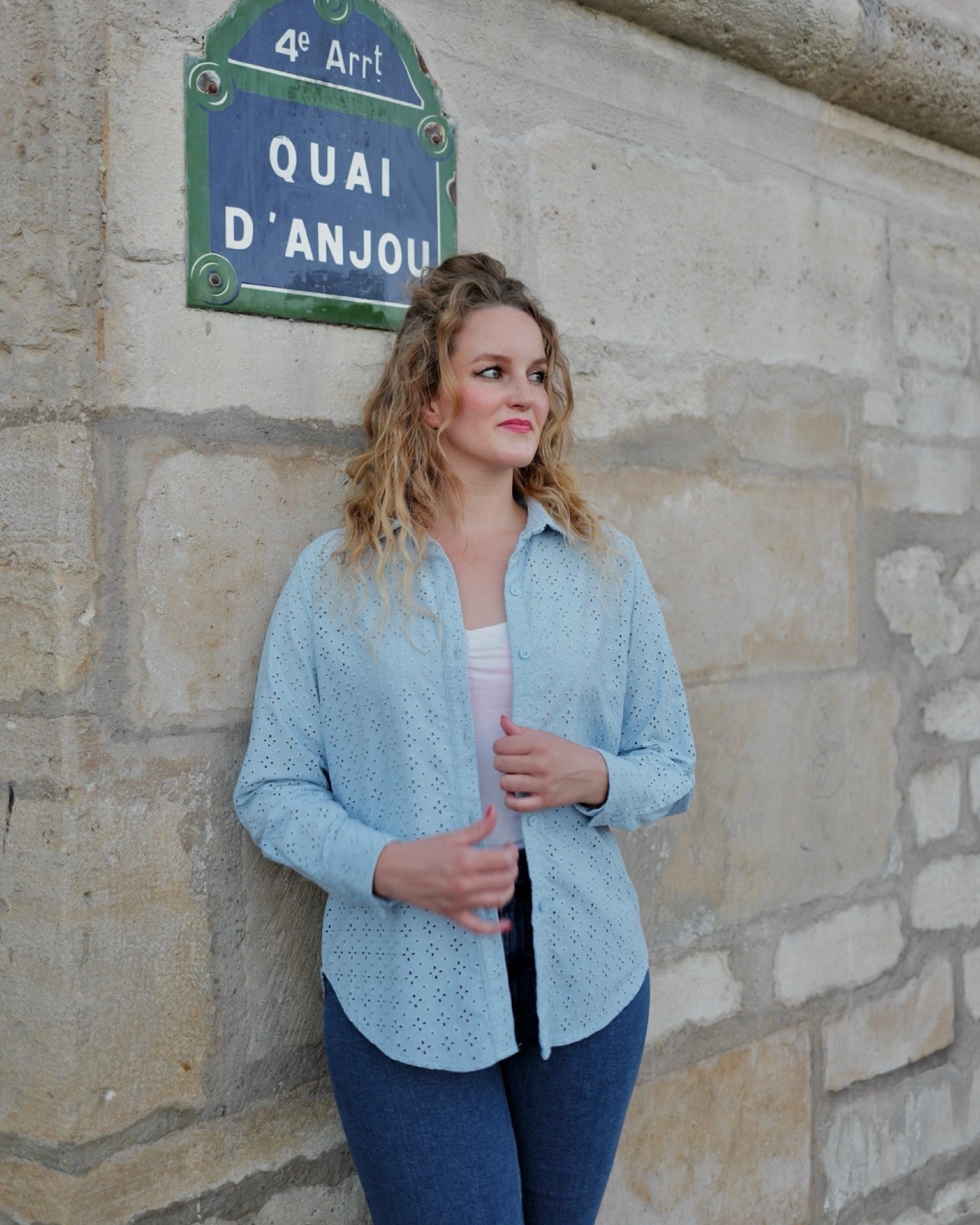 Babyblauwe broderie blouse - M