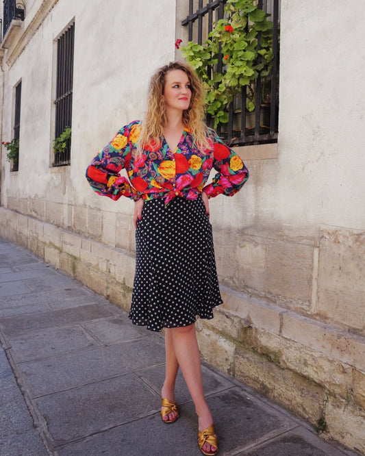 Vintage zijden polkadot rok - L
