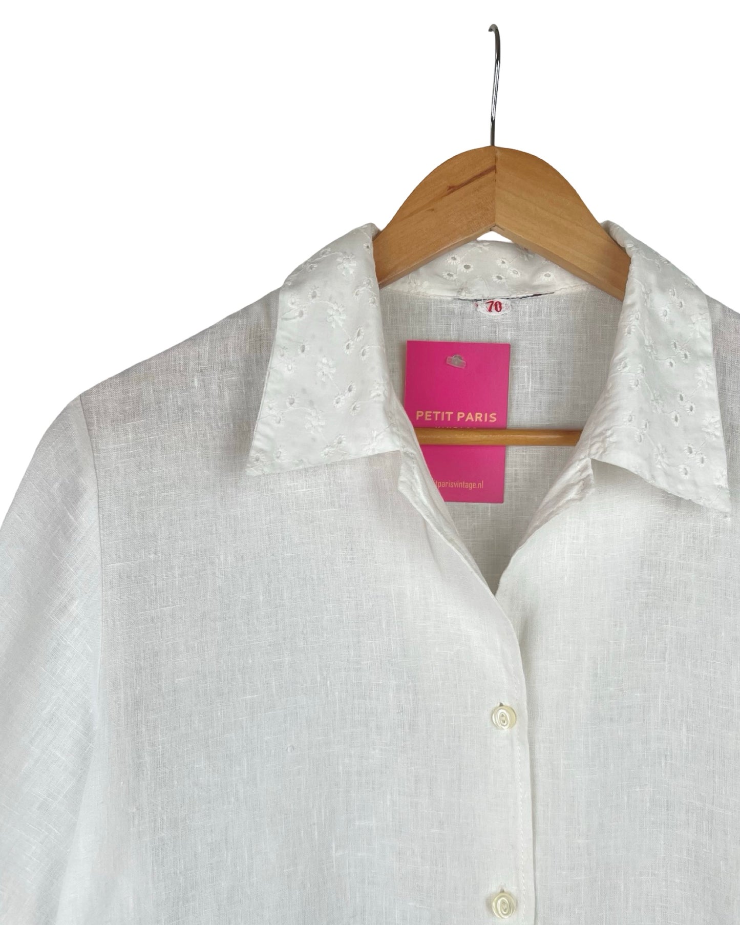 Vintage linnen blouse met broderiekraag - L