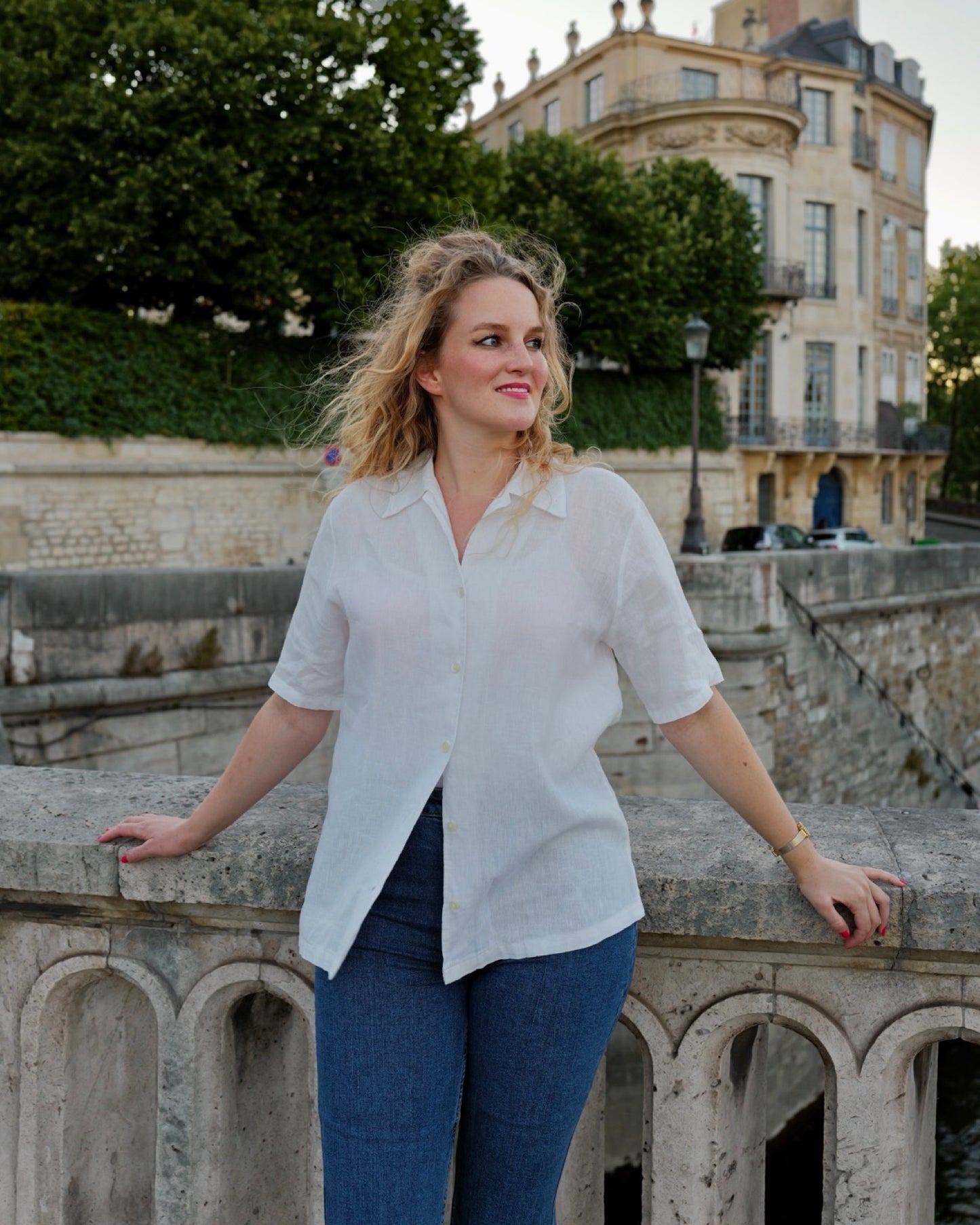 Vintage linnen blouse met broderiekraag - L