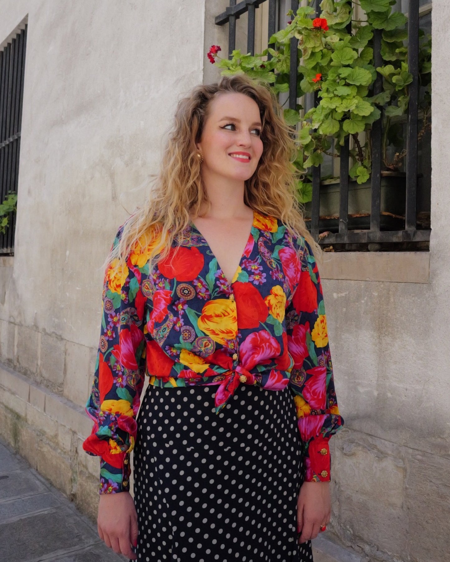 Vintage zijden bloemen blouse - L
