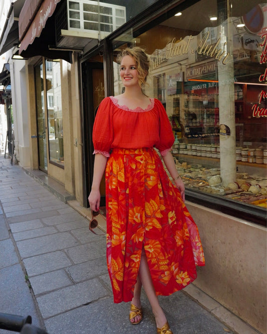 Vintage viscose midirok met bloemen - M