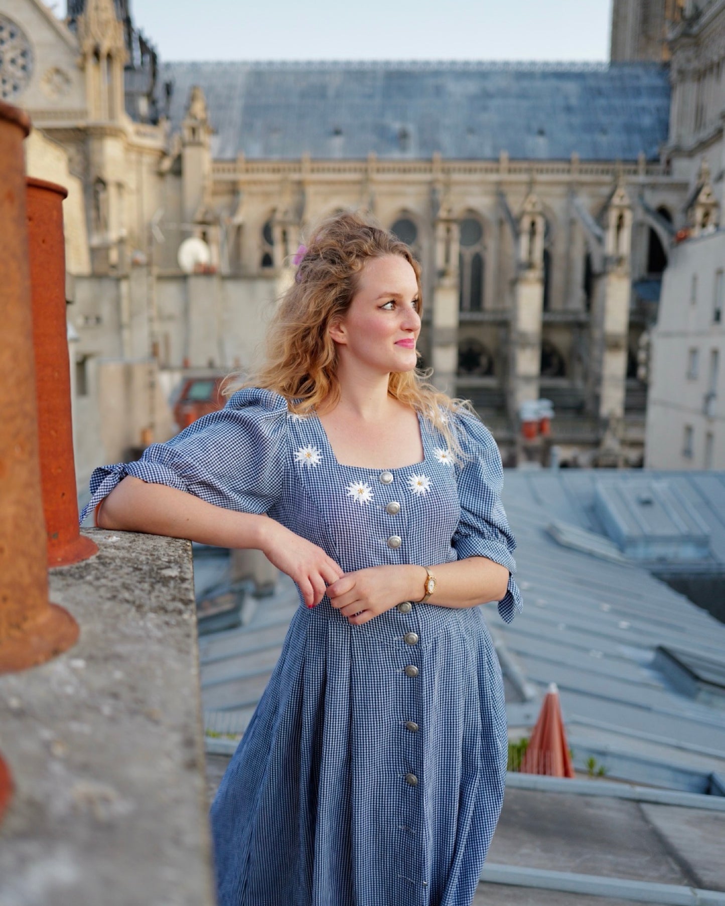 Oostenrijkse gingham jurk met madeliefjes - M