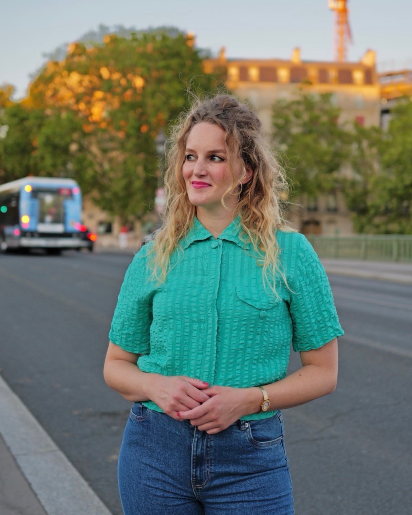 Turquoise zijden vintage blouse - S/M