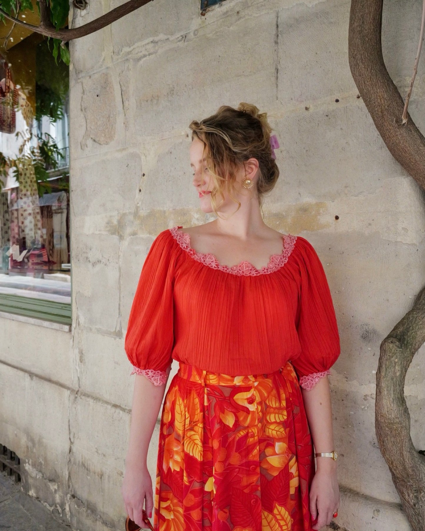 Bohemian vintage blouse met pofmouw - M/L